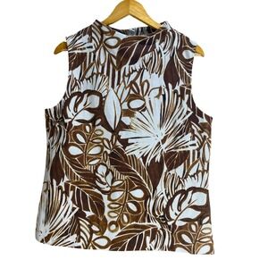 Talbots Womens Large Brown White Tropical Leaf Mock Neck Button Back Shell Top